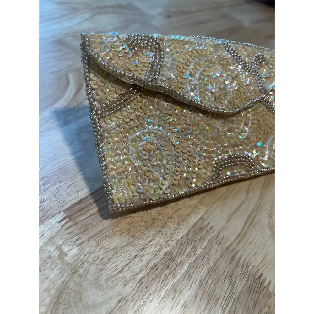 Vintage Clutch Envelope Wallet Hand Beaded Hong Kong Gold 8